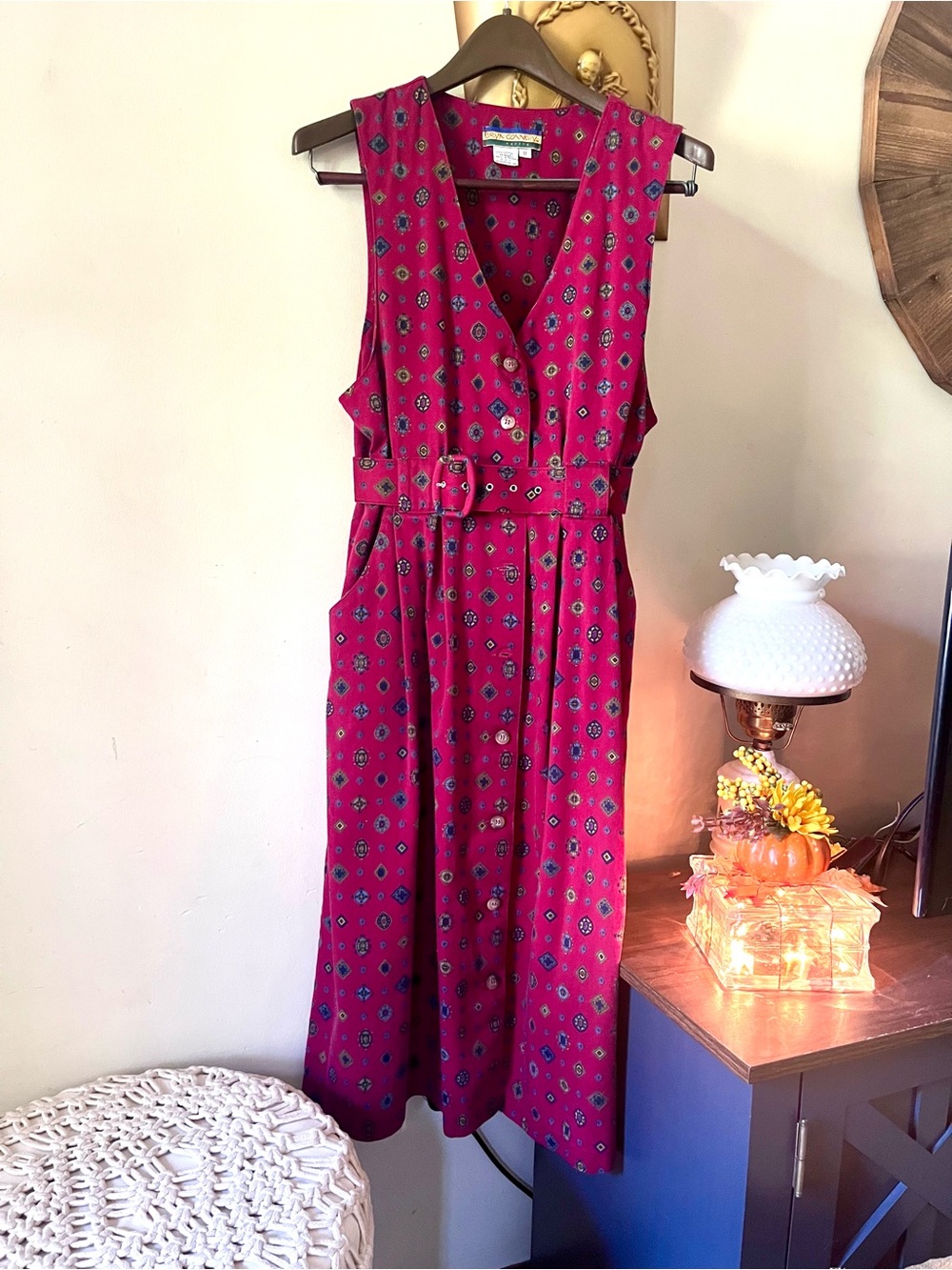 Vintage 90s Bryn Connelly Geometric Medallion Jumper Dress Red